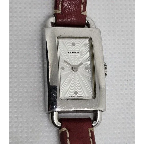 Women's Coach Petite Tank Silver Tone Red Leather Strap Watch 0219 14 - Picture 6 of 9